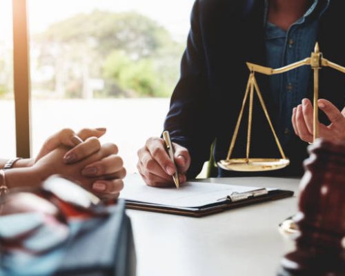 Law should know concept, The lawyer explained to the client to plan the case in court.